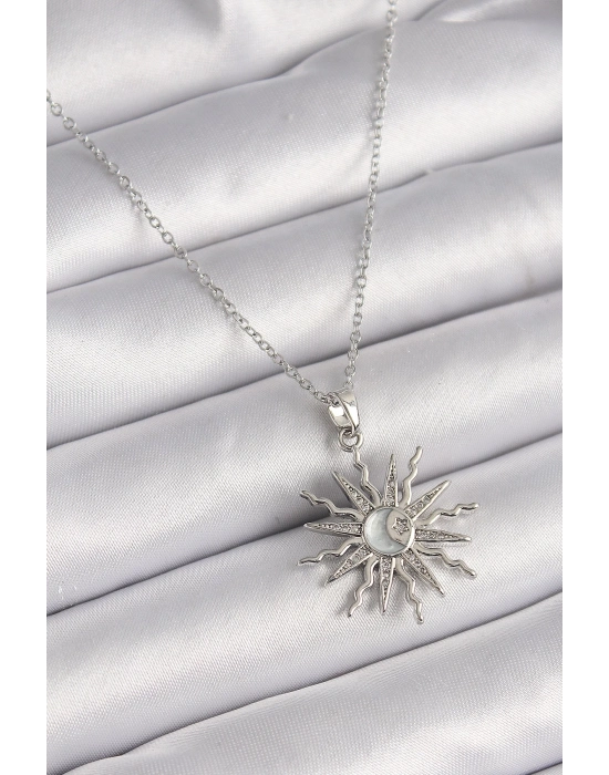 ® 316L Çelik Gümüş Renk Zincir Zirkon Taşlı Güneş Model Sedefli Ay İşleme Detay Kadın Kolye
