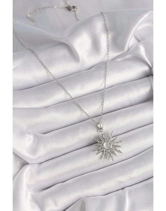 ® 316L Çelik Gümüş Renk Zincir Zirkon Taşlı Güneş Model Sedefli Ay İşleme Detay Kadın Kolye