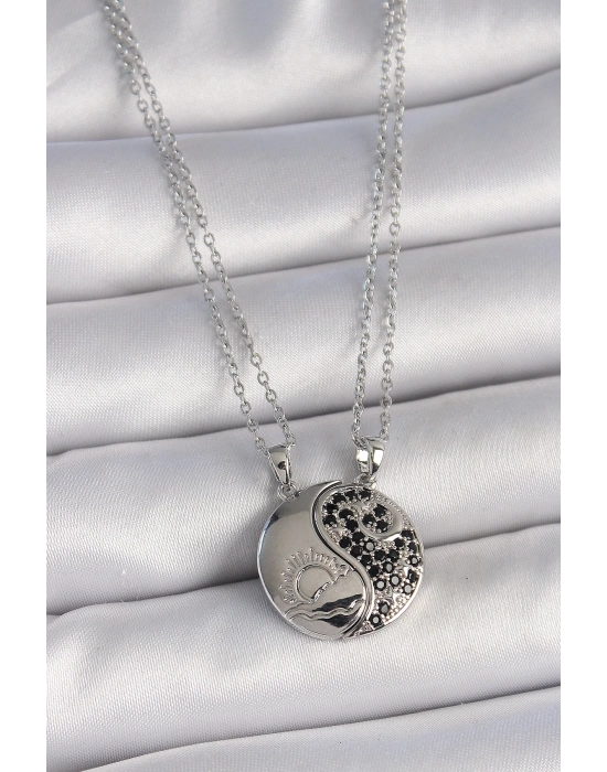 ® 316L Çelik Gümüş Renk Zincir Zirkon Taşlı Ying Yang Model Gün Batımı İşlemeli Arakdaşlık Kadın Kolye