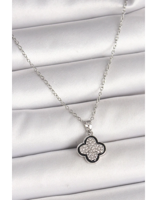 ® 316L Çelik Gümüş Renk Zincir Zirkon Taşlı Yonca Model Kadın Kolye