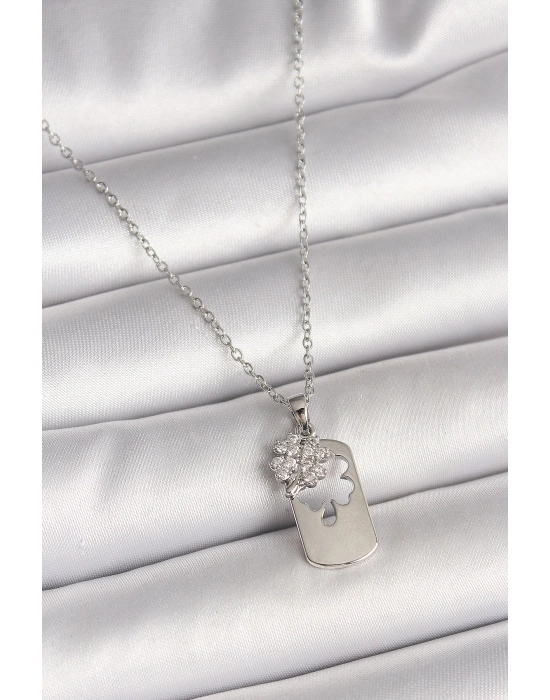 ® 316L Çelik Gümüş Renk Zincir Zirkon Taşlı Yonca Model Kadın Kolye