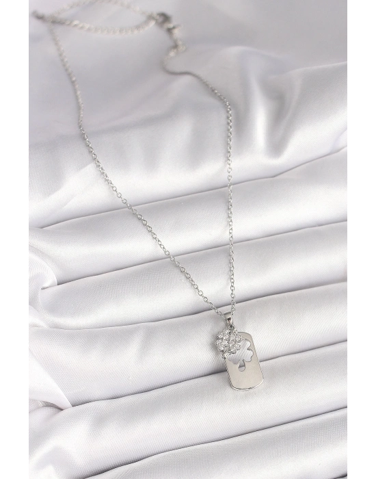 ® 316L Çelik Gümüş Renk Zincir Zirkon Taşlı Yonca Model Kadın Kolye