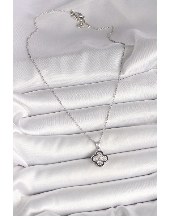 ® 316L Çelik Gümüş Renk Zincir Zirkon Taşlı Yonca Model Kadın Kolye