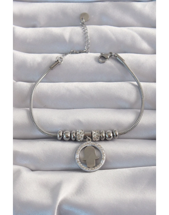 ® 316L Çelik Gümüş Renk Zirkon Taş Aksesuarlı Fatma Ana Eli Bileklik