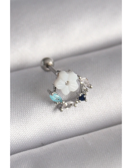 ® 316L Çelik Gümüş Renk Zirkon Taş Detay Beyaz Çiçek Model Tragus Piercing