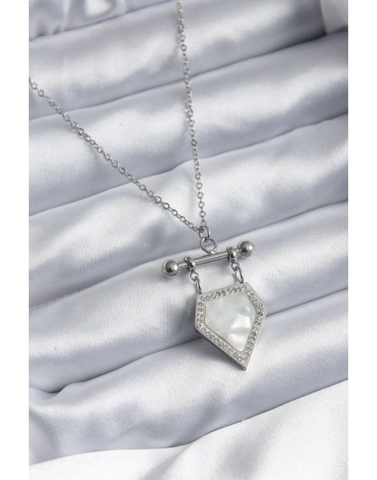 ® 316L Çelik Gümüş Renk Zirkon Taş Detay Kadın Kolye