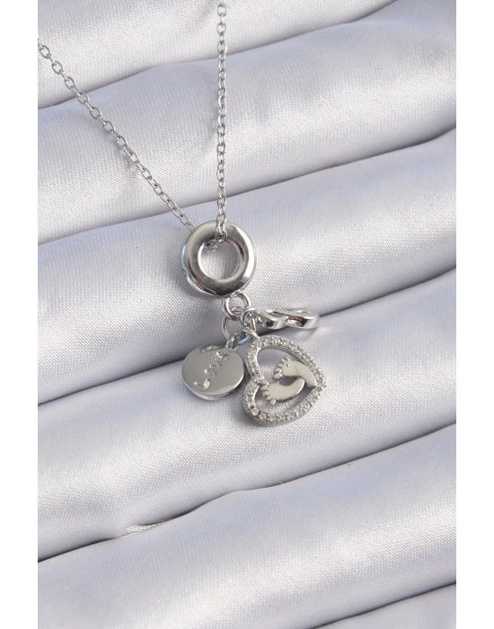 ® 316L Çelik Gümüş Renk Zirkon Taş Detay Kalp Model Charm Kadın Kolye