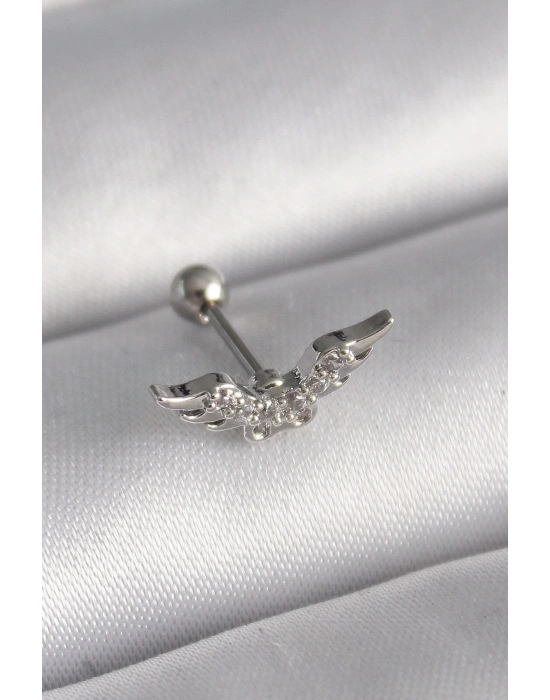 ® 316L Çelik Gümüş Renk Zirkon Taş Detay Kanat Model Tragus Piercing