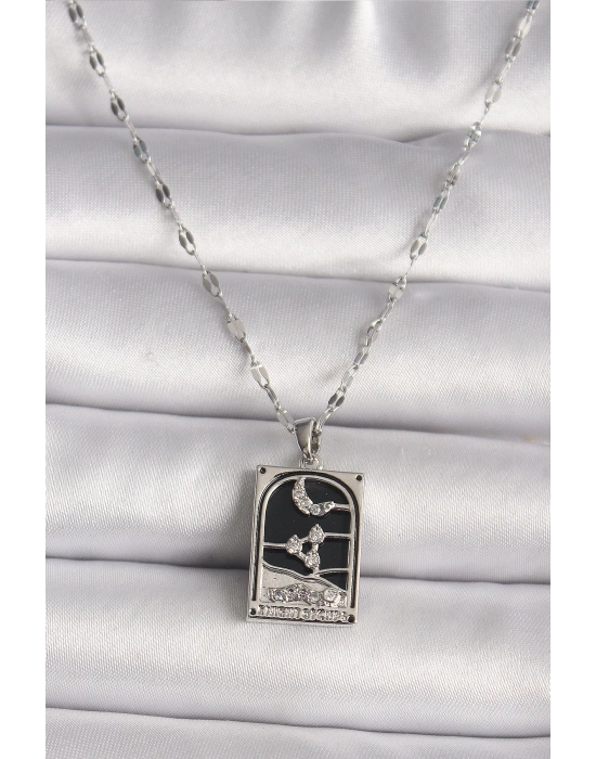 ® 316L Çelik Gümüş Renk Zirkon Taşlı  Ay Figürlü Taror Model Kadın Kolye