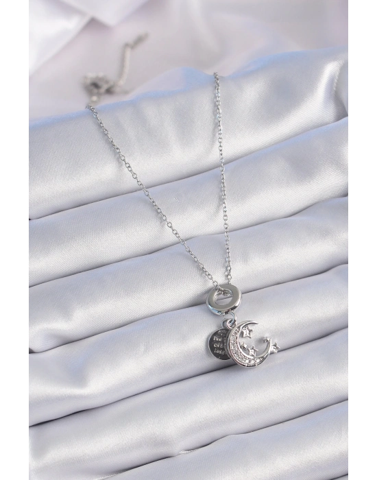 ® 316L Çelik Gümüş Renk Zirkon Taşlı Ay Yıldız  Figür Charm Model Kadın Kolye