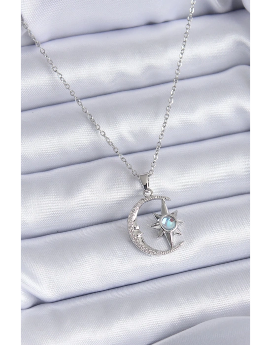 ® 316L Çelik Gümüş Renk Zirkon Taşlı Ay Yıldız Model Kadın Kolye