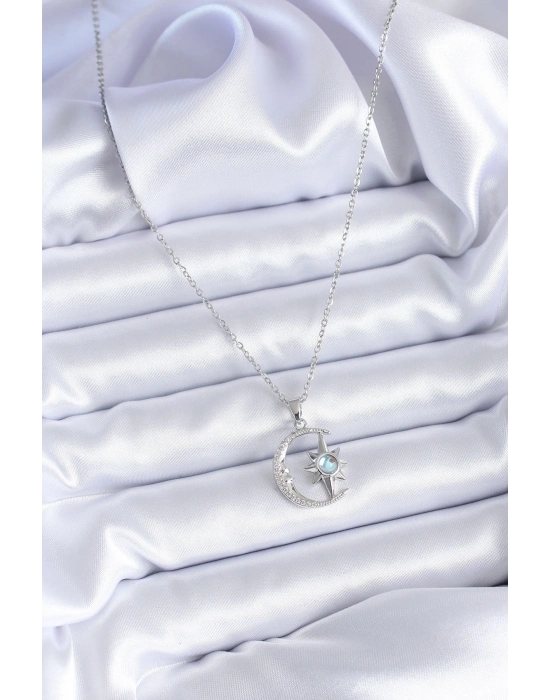 ® 316L Çelik Gümüş Renk Zirkon Taşlı Ay Yıldız Model Kadın Kolye