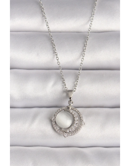® 316L Çelik Gümüş Renk Zirkon Taşlı Beyaz Sedefli Hilal Model Kadın Kolye
