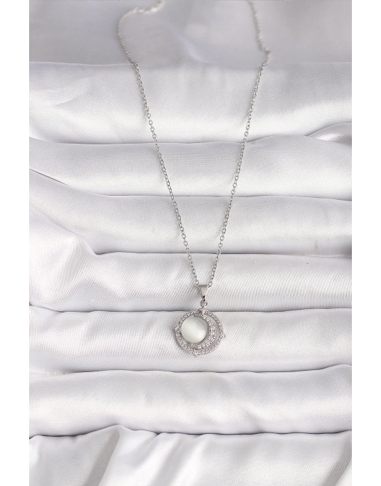 ® 316L Çelik Gümüş Renk Zirkon Taşlı Beyaz Sedefli Hilal Model Kadın Kolye