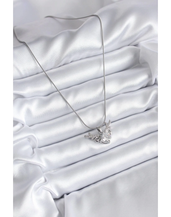 ® 316L Çelik Gümüş Renk Zirkon Taşlı Boynuz Model Kadın Kolye