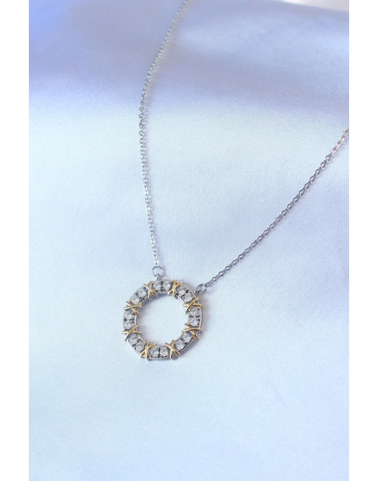 ® 316L Çelik Gümüş Renk Zirkon Taşlı Gold Detay Xoxo Kadın Kolye