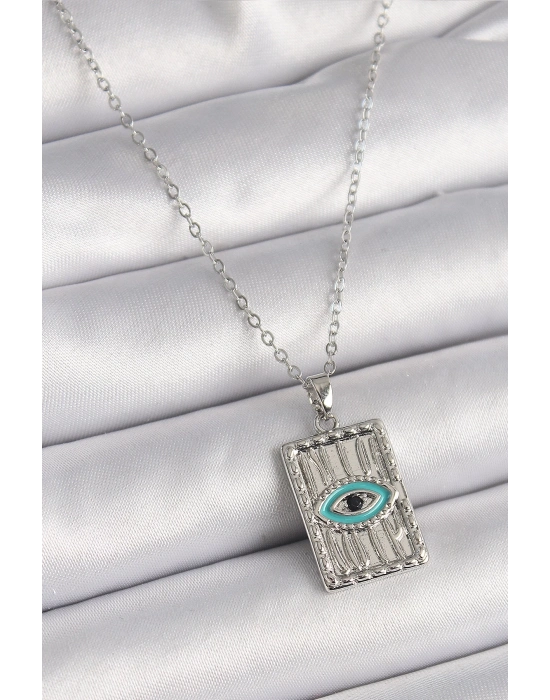 ® 316L Çelik Gümüş Renk Zirkon Taşlı Göz İşleme Detaylı Plaka Model Kadın Kolye