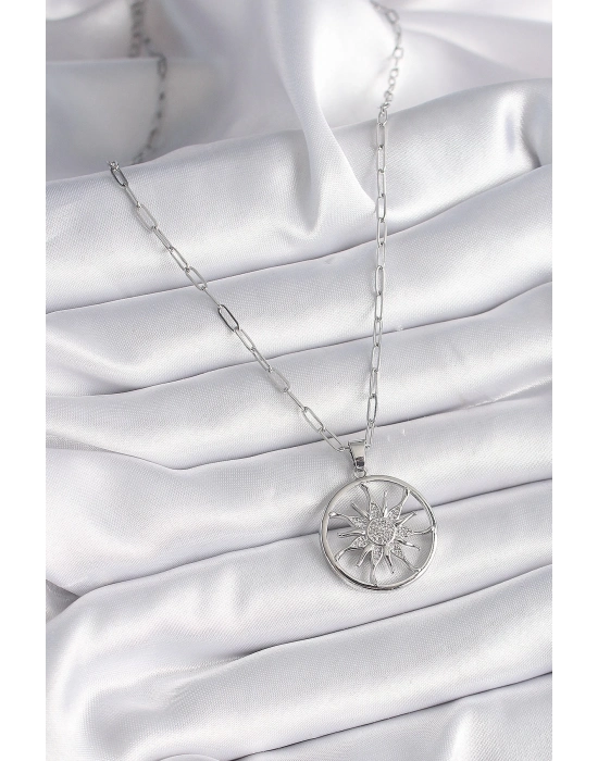 ® 316L Çelik Gümüş Renk Zirkon Taşlı Güneş Madalyon Model Kadın Kolye