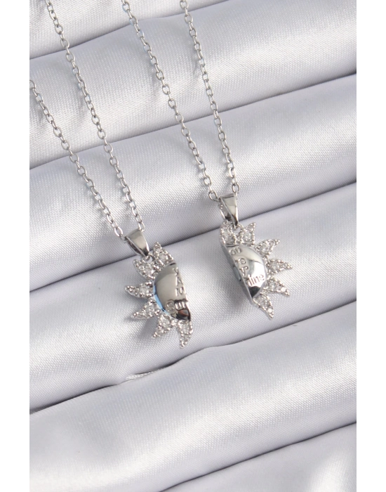 ® 316L Çelik Gümüş Renk Zirkon Taşlı Güneş Model İşleme Yazı Detay Arkadaşlık Kolyesi