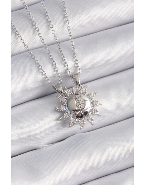 ® 316L Çelik Gümüş Renk Zirkon Taşlı Güneş Model İşleme Yazı Detay Arkadaşlık Kolyesi