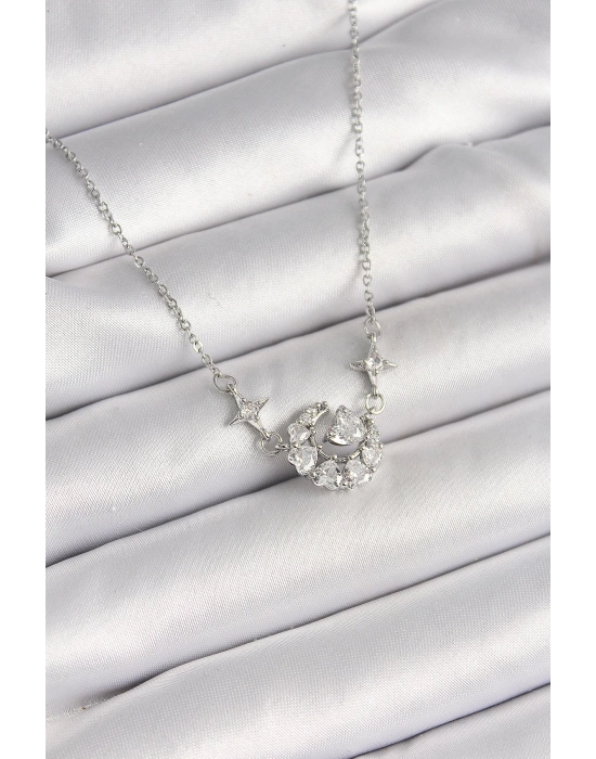 ® 316L Çelik Gümüş Renk Zirkon Taşlı Hilal Kalp Model Kadın Kolye