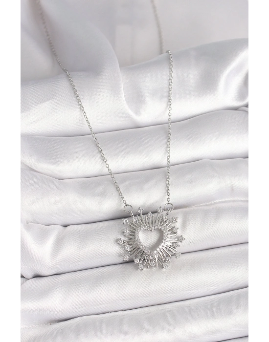 ® 316L Çelik Gümüş Renk Zirkon Taşlı Kalp Model Kadın Kolye