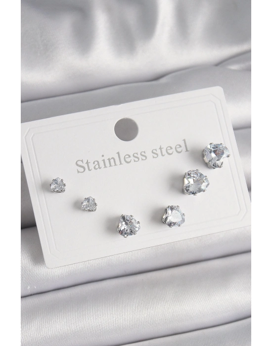 ® 316L Çelik Gümüş Renk Zirkon Taşlı Kalp Model Kadın Küpe Seti