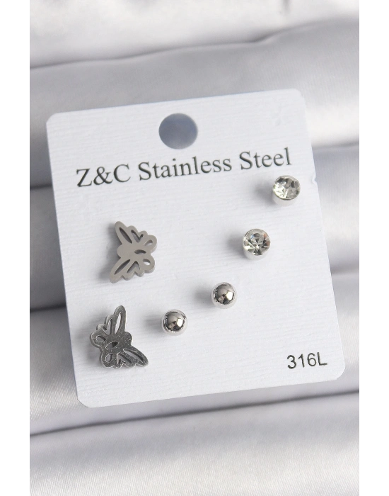 ® 316L Çelik Gümüş Renk Zirkon Taşlı Kelebek Model Kadın Küpe Seti