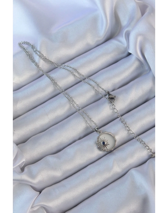 ® 316L Çelik Gümüş Renk Zirkon Taşlı Mineli Kutup Yıldızı Kolye