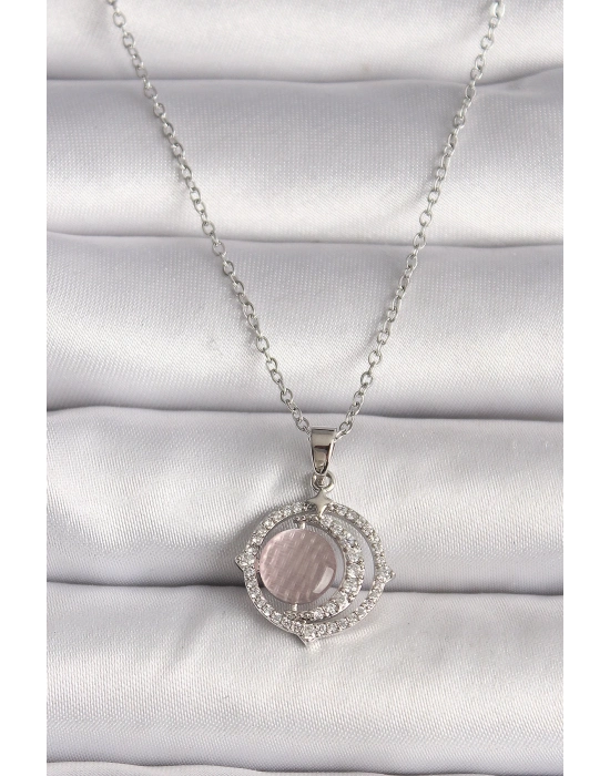® 316L Çelik Gümüş Renk Zirkon Taşlı Pembe Sedefli Hilal Model Kadın Kolye