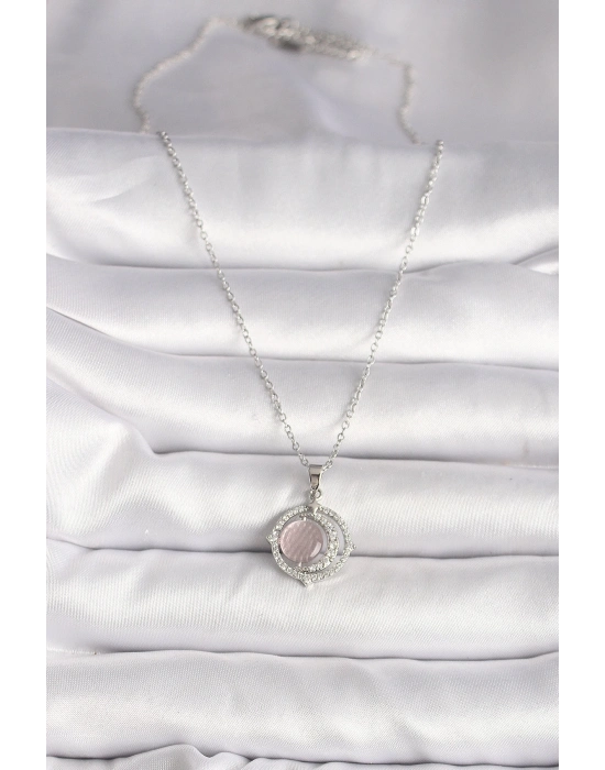 ® 316L Çelik Gümüş Renk Zirkon Taşlı Pembe Sedefli Hilal Model Kadın Kolye