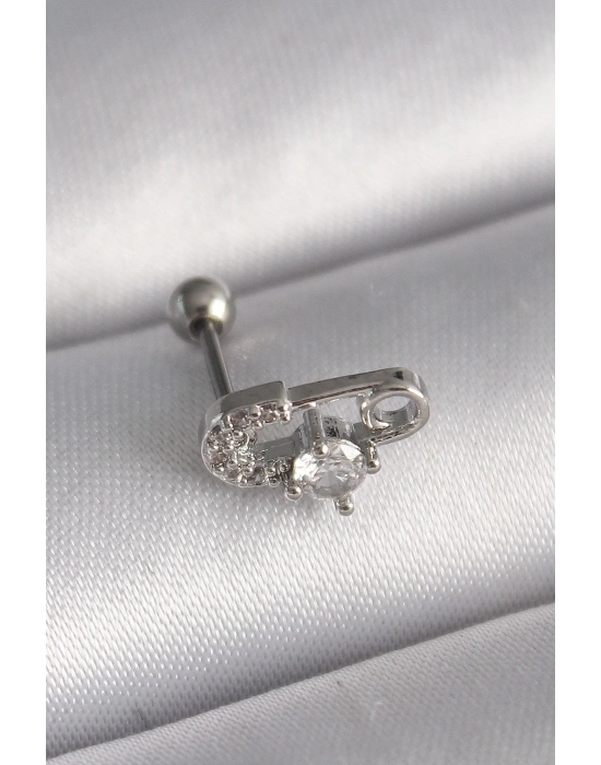 ® 316L Çelik Gümüş Renk Zirkon Taşlı Toplu İğne Tragus Piercing