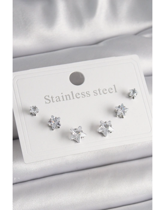 ® 316L Çelik Gümüş Renk Zirkon Taşlı Yıldız Model Kadın Küpe Seti