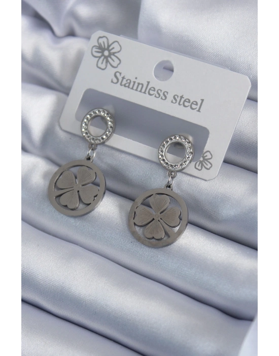 ® 316L Çelik Gümüş Renk Zirkon Taşlı Yonca Model İşleme Detay Kadın Küpe