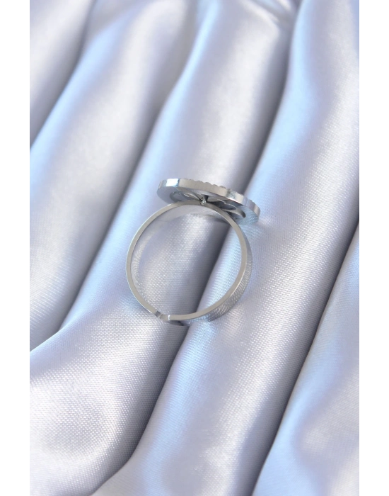 ® 316L Çelik Gümüş Renk Zirkon Taşlı Yonca Model Kadın Yüzük