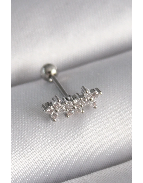 ® 316L Çelik Gümüş Renk Zirkon Taşlı Yonca Tragus Piercing