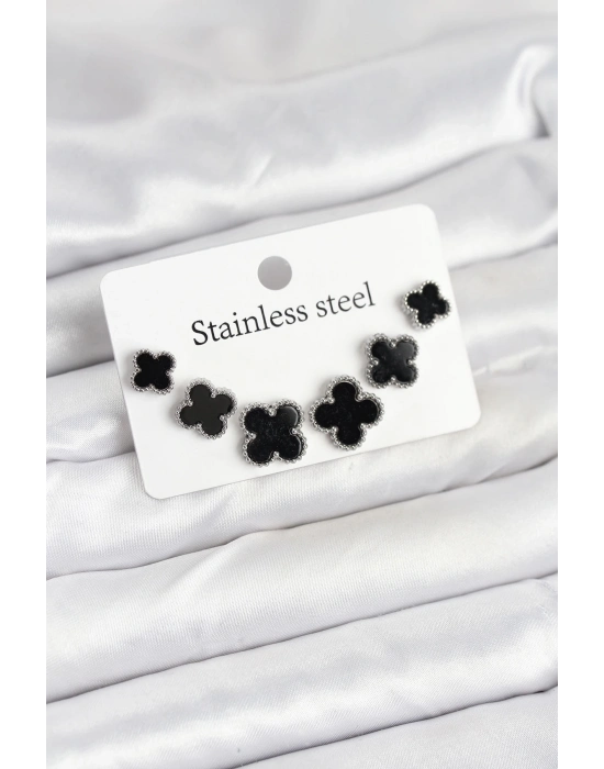 ® 316L Çelik Gümüş Siyah Renk 3 Boy Yonca Küpe Seti