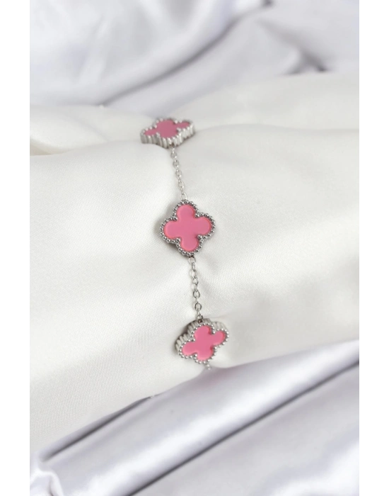 ® 316L Çelik Gümüş Zincir Pembe Renk Yonca Bileklik