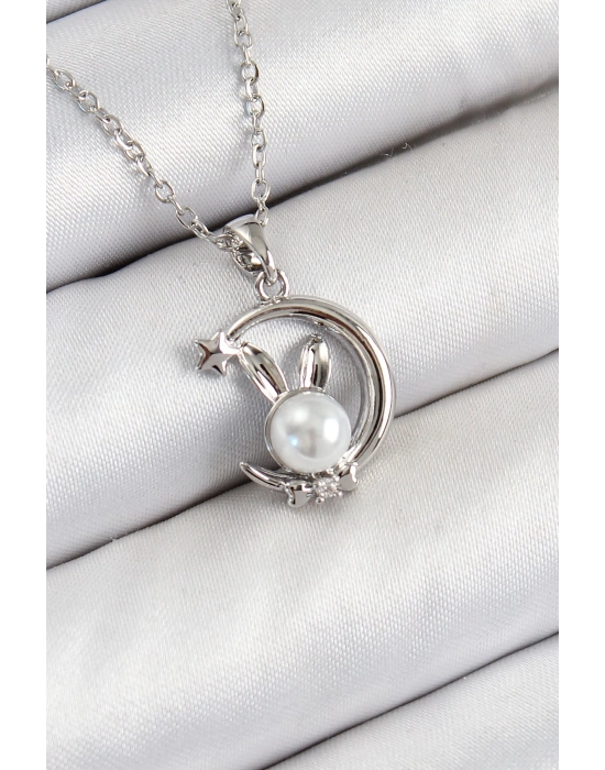 ® 316L Çelik İnci Detaylı Hilal Tavşan Model Gümüş Renk Kadın Kolye