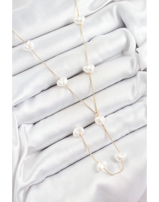 ® Pirinç İncili Kalp Figürlü Y Model Gold Renk Kadın Kolye