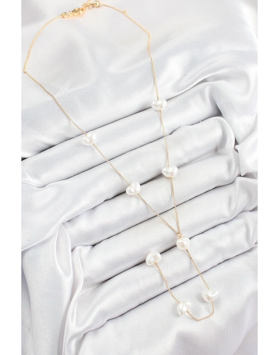 ® Pirinç İncili Kalp Figürlü Y Model Gold Renk Kadın Kolye