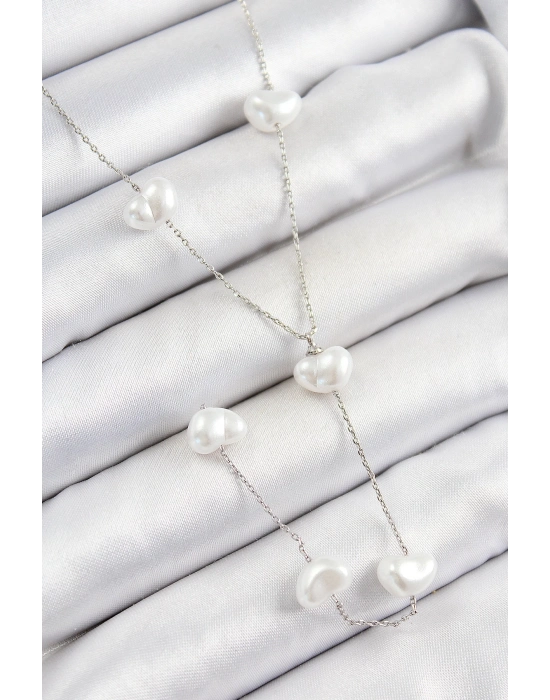 ® Pirinç İncili Kalp Figürlü Y Model Gümüş Renk Kadın Kolye