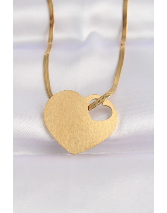 ® 316L Çelik İtalyan Zincir Altın Renk Düz Plaka Kalp Kolye