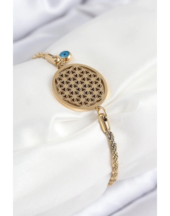 ® 316L Çelik Nazar Boncuğu Detaylı Yaşam Çiçeği Model Gold Renk Kadın Bileklik
