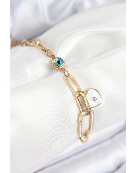 ® 316L Çelik Nazar Boncuğu Ve Zirkon Taşlı Kalp Model Gold Renk Kadın Bileklik