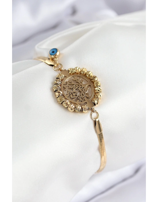 ® 316L Çelik Nazar Boncuk Detaylı Hayat Ağacı Model İtalyan Zincir Gold Renk Kadın Bileklik