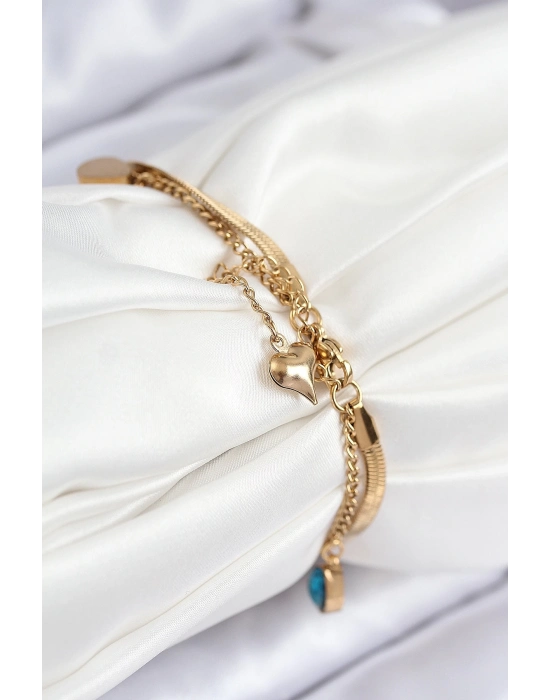 ® 316L Çelik Nazar Boncuk Detaylı Mavi Zirkon Taşlı Model İtalyan Zincir Gold Renk Kadın Bileklik