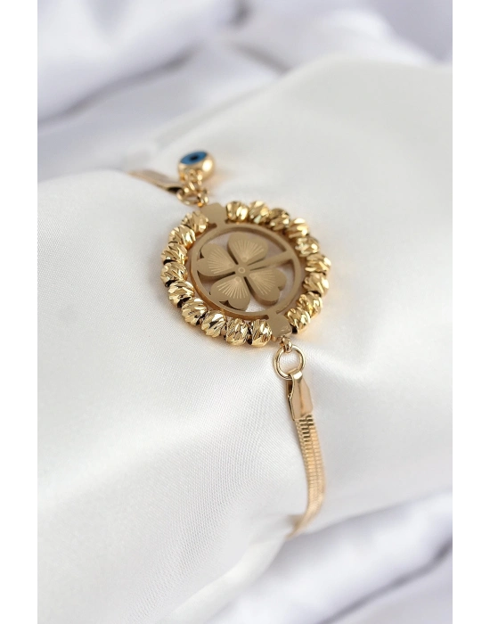 ® 316L Çelik Nazar Boncuk Detaylı Yonca Model İtalyan Zincir Gold Renk Kadın Bileklik