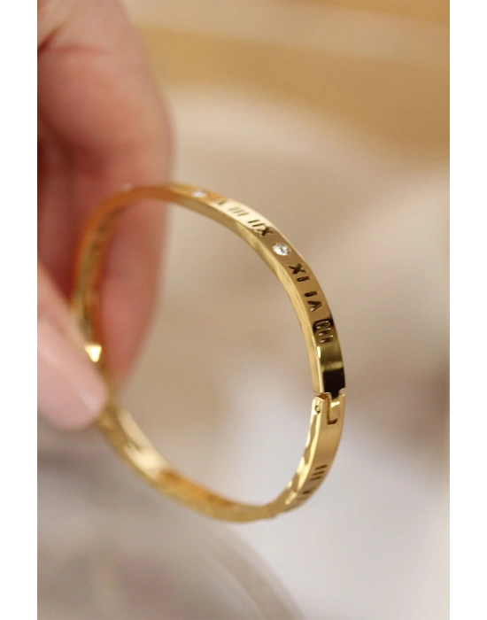 ® 316L Çelik Roma Rakamlı Gold Renk Bilezik Kelepçe