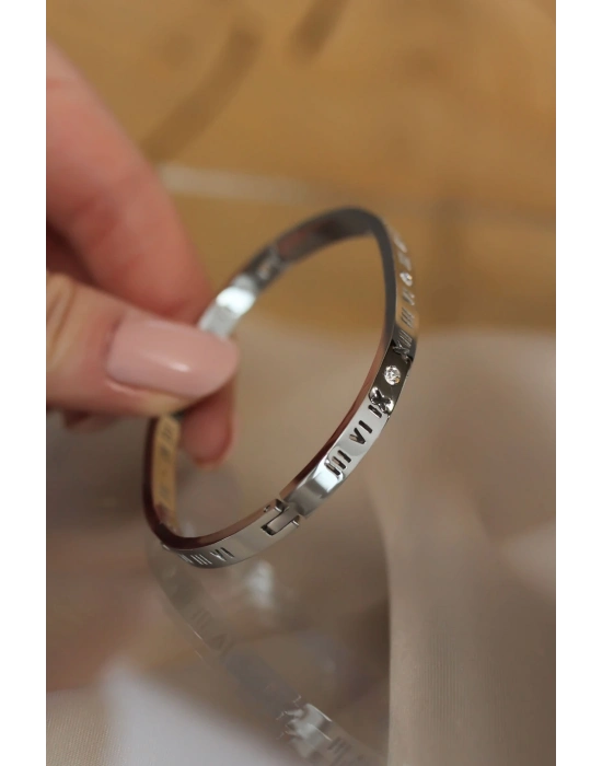® 316L Çelik Roma Rakamlı Silver Renk Bilezik Kelepçe